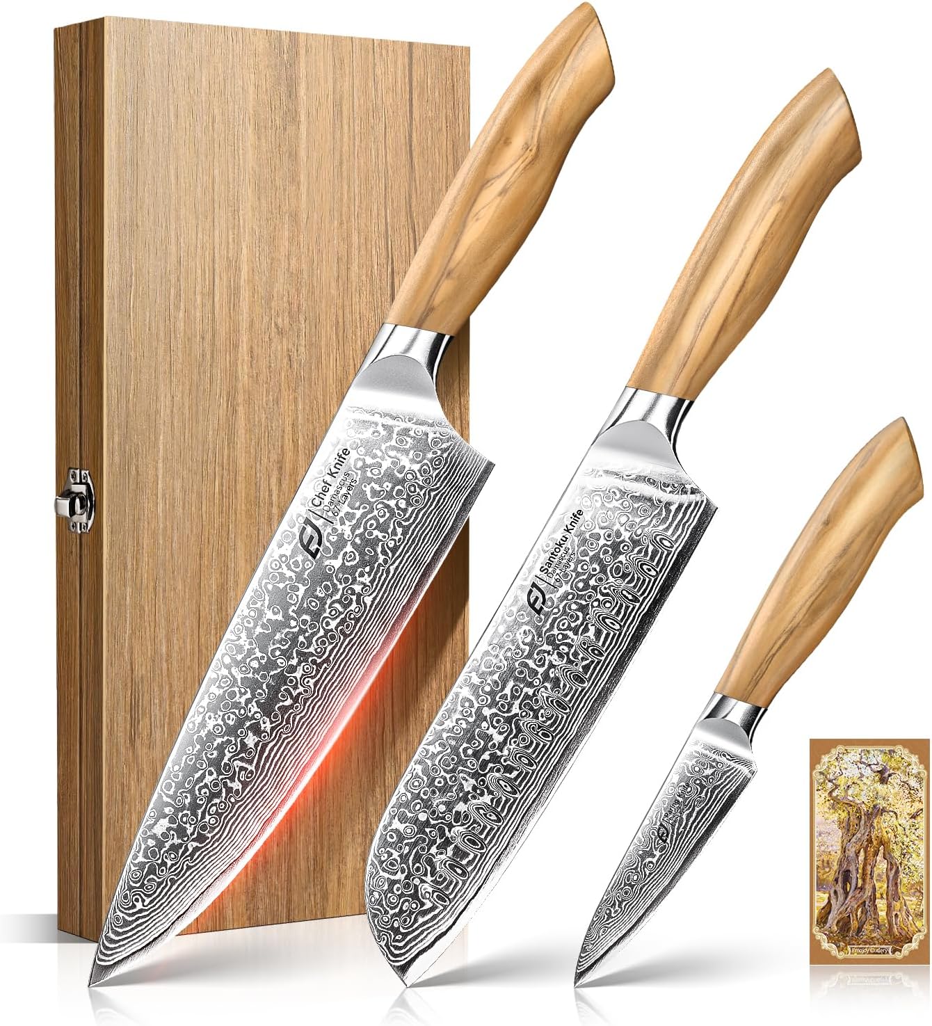 Emojoy Damascus Kitchen Knife Set, 3 PCS Japanese Chef Knife Set, 67-Layers Damascus Knife with Original Olive Wood Handle, Include Wooden Gift Box