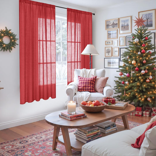 BGment Red Linen Curtains 63 Inches Long for Living Room, Semi Sheer Window Drapes Textured with Rod Pocket for Bedroom Dining Christmas Holiday Decor, 2 Panels Set, Each 52 Inch Wide
