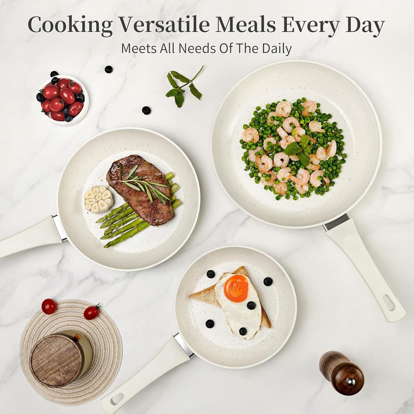 Ceramic Nonstick Frying Pan Set - White Pans With Lids, Induction Skillets for Eggs & Omelets, Healthy No Toxic Cookware, PFOA&PFAS Free