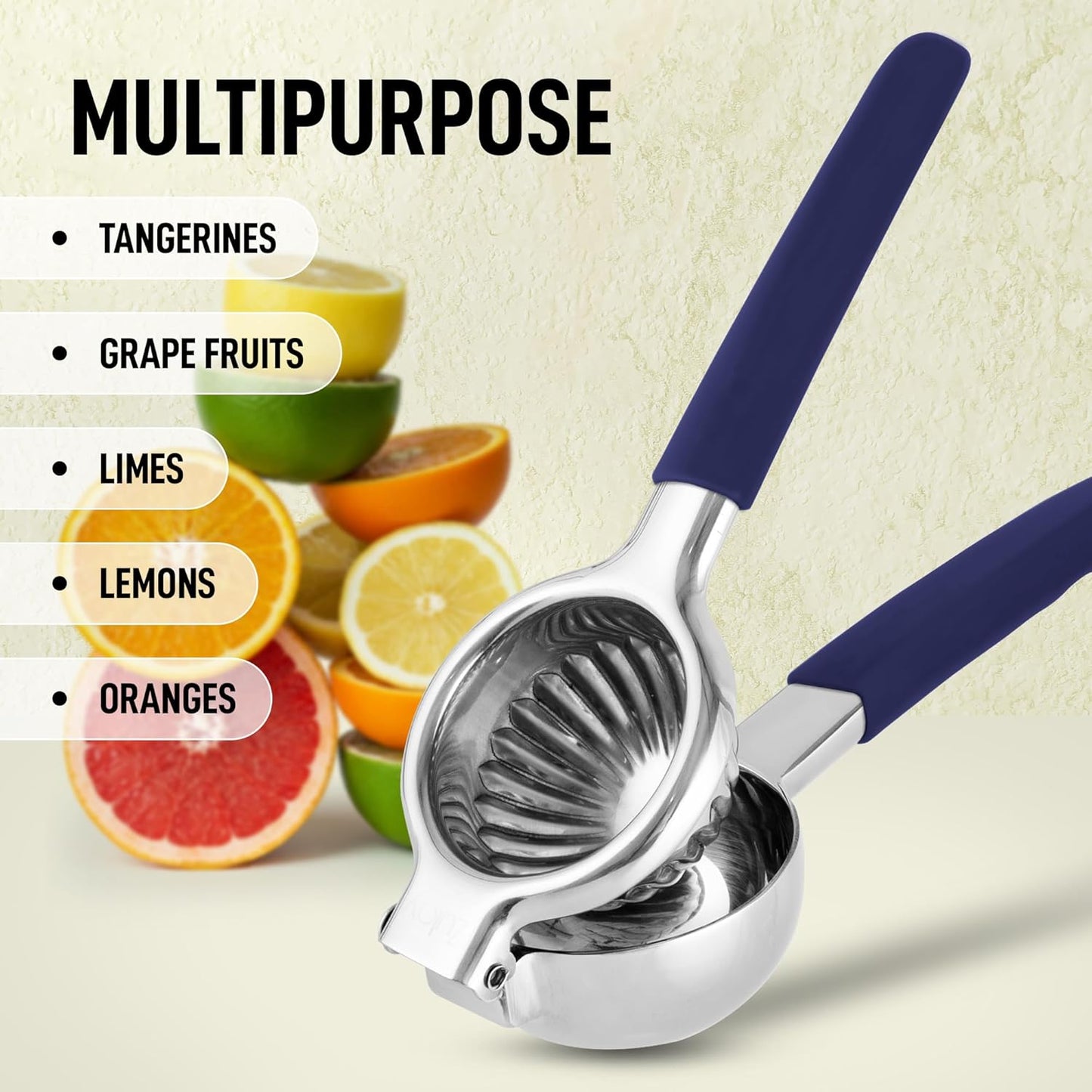 Zulay Kitchen Lemon Squeezer Stainless Steel with Premium Heavy Duty Solid Metal Squeezer Bowl and Food Grade Silicone Handles - Large Manual Citrus Press Juicer and SS Lime Squeezer (Navy)
