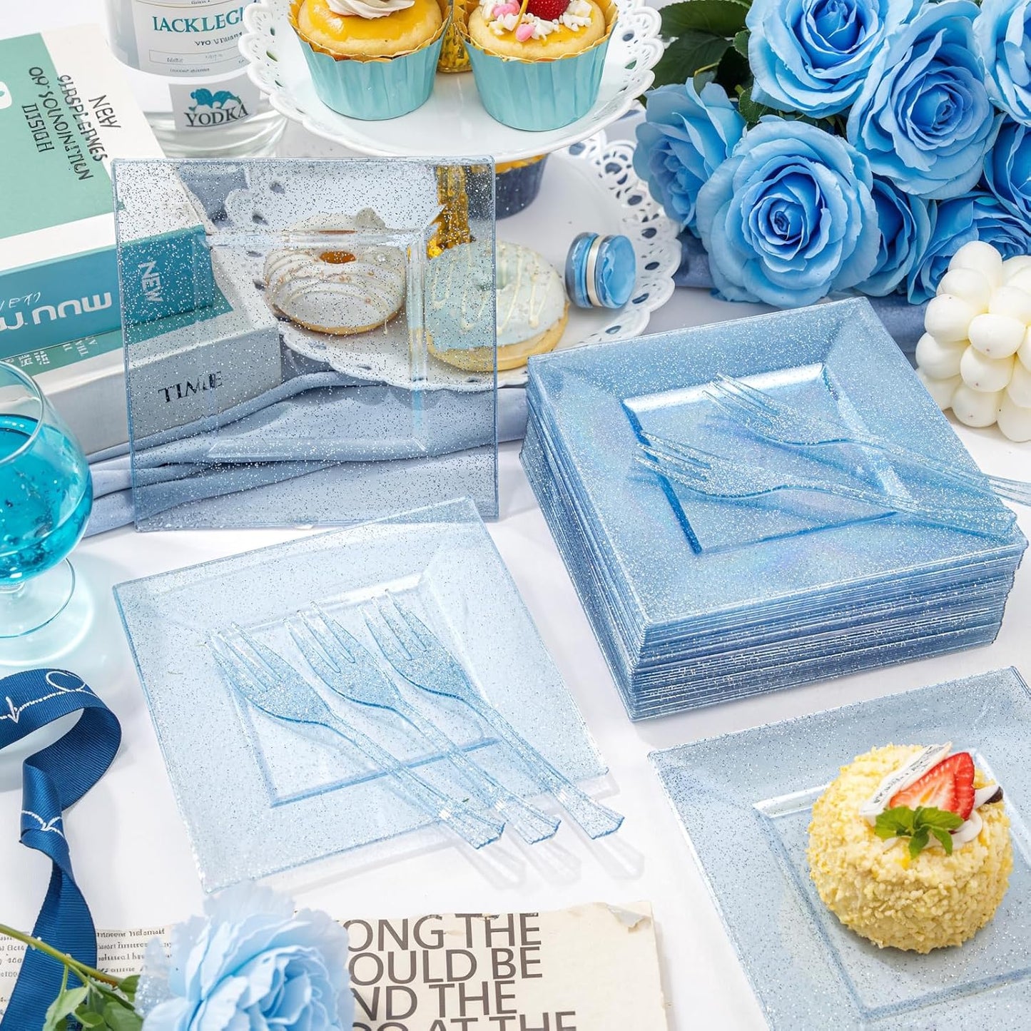 DaYammi 100Pcs Blue Glitter Dessert Plates Including 50Pcs Appetizer Plates 6" and 50Pcs Plastic Forks 5.7",Blue Plastic Square Plate for Party,plastic Salad Plate and Cake Forks for Wedding Birthday