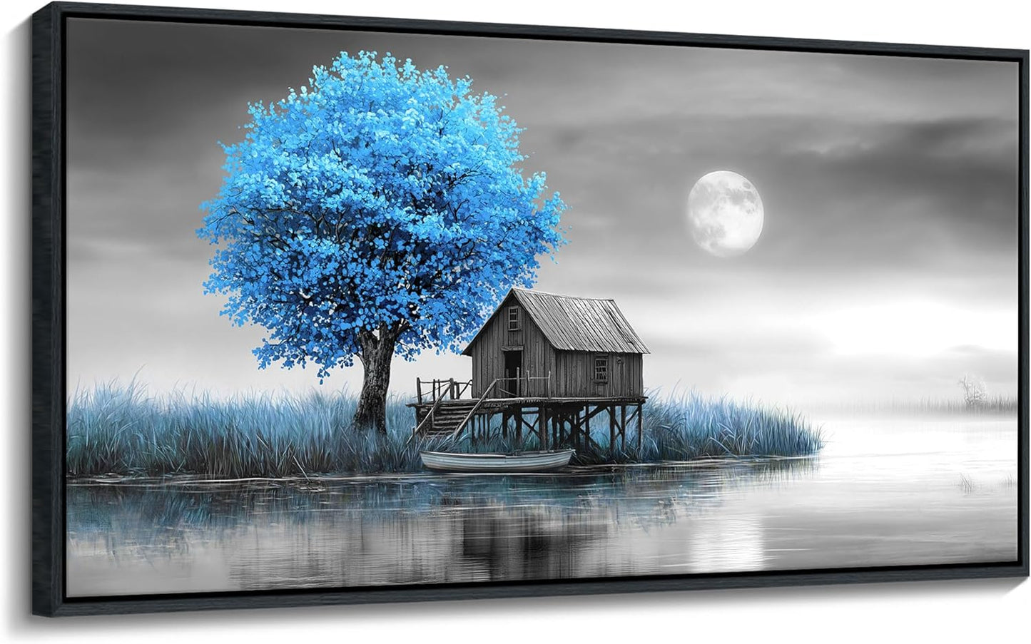 JEAWA Framed Canvas Wall Art Decor - Blue Gray Wall Art for Bedroom Living Room Home Office, Winter Landscape Wall Art Canvas Paintings, Moon Pictures Wall Decor, Tree Art Wall Decor, 24x48 IN