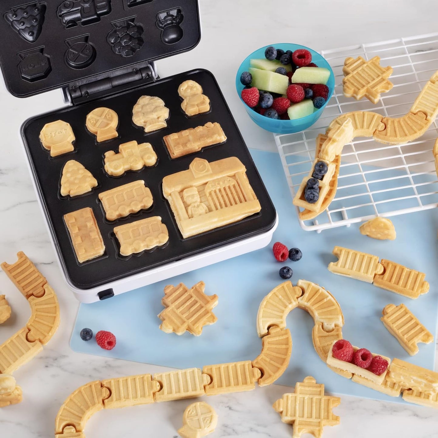 Train Set Waffle Maker – Build Track & Cargo Car Shaped Mini Waffles – Electric Non-Stick Plates, Dishwasher-Safe Removable Inserts for Kids Xmas Breakfast, Pancakes, Snacks, Family Fun Gift & Play!