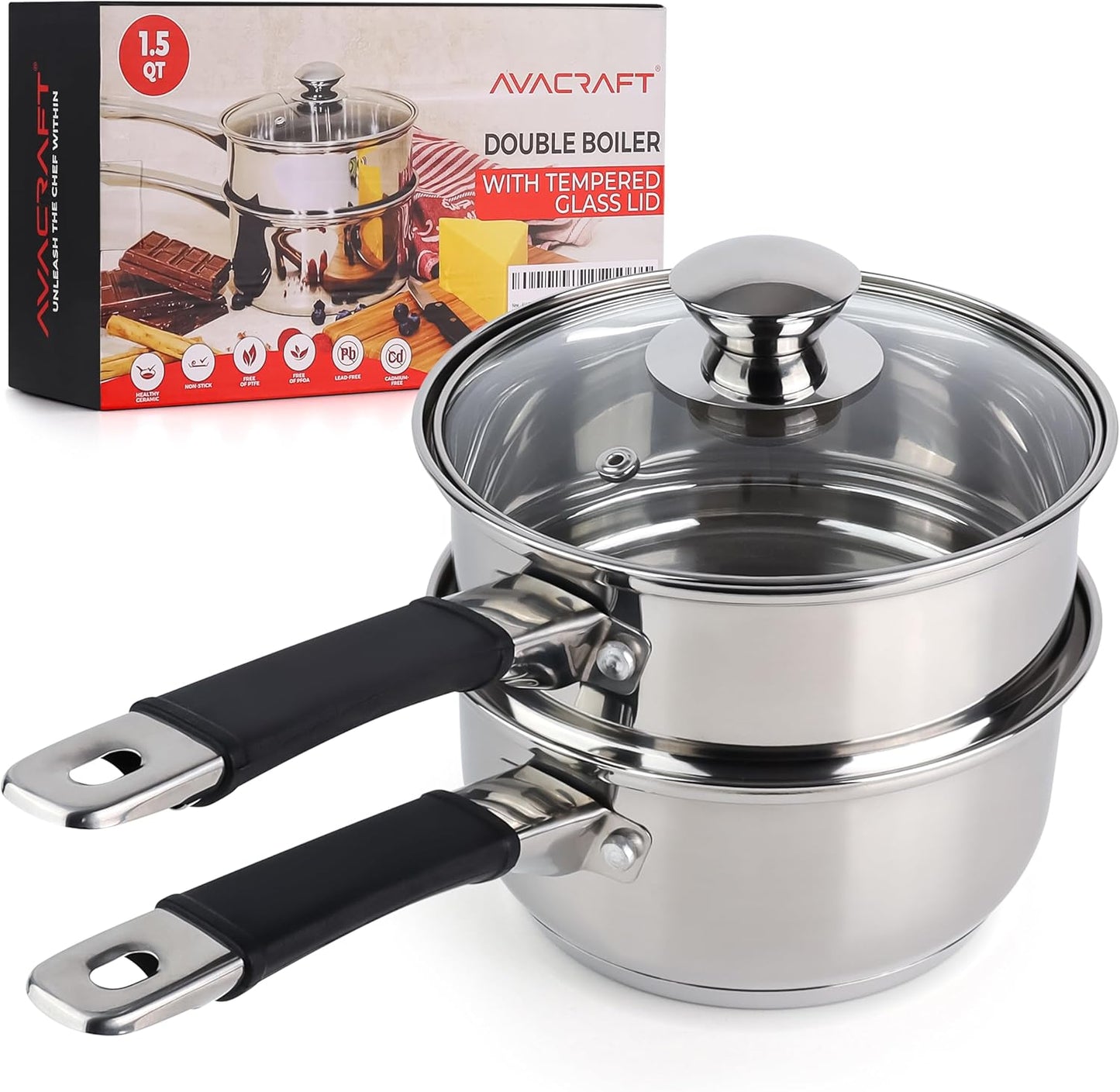 AVACRAFT 18/8 Stainless Steel Double Boiler, 1.5 Quart - Quality Clad Melting Pot for Butter, Chocolate, Cheese, Wax, Sauces - Even Heat, Tempered Glass Lid, Long Handle, Bottom has 5 Layers