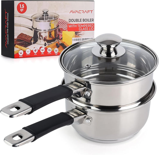 AVACRAFT 18/8 Stainless Steel Double Boiler, 1.5 Quart - Quality Clad Melting Pot for Butter, Chocolate, Cheese, Wax, Sauces - Even Heat, Tempered Glass Lid, Long Handle, Bottom has 5 Layers