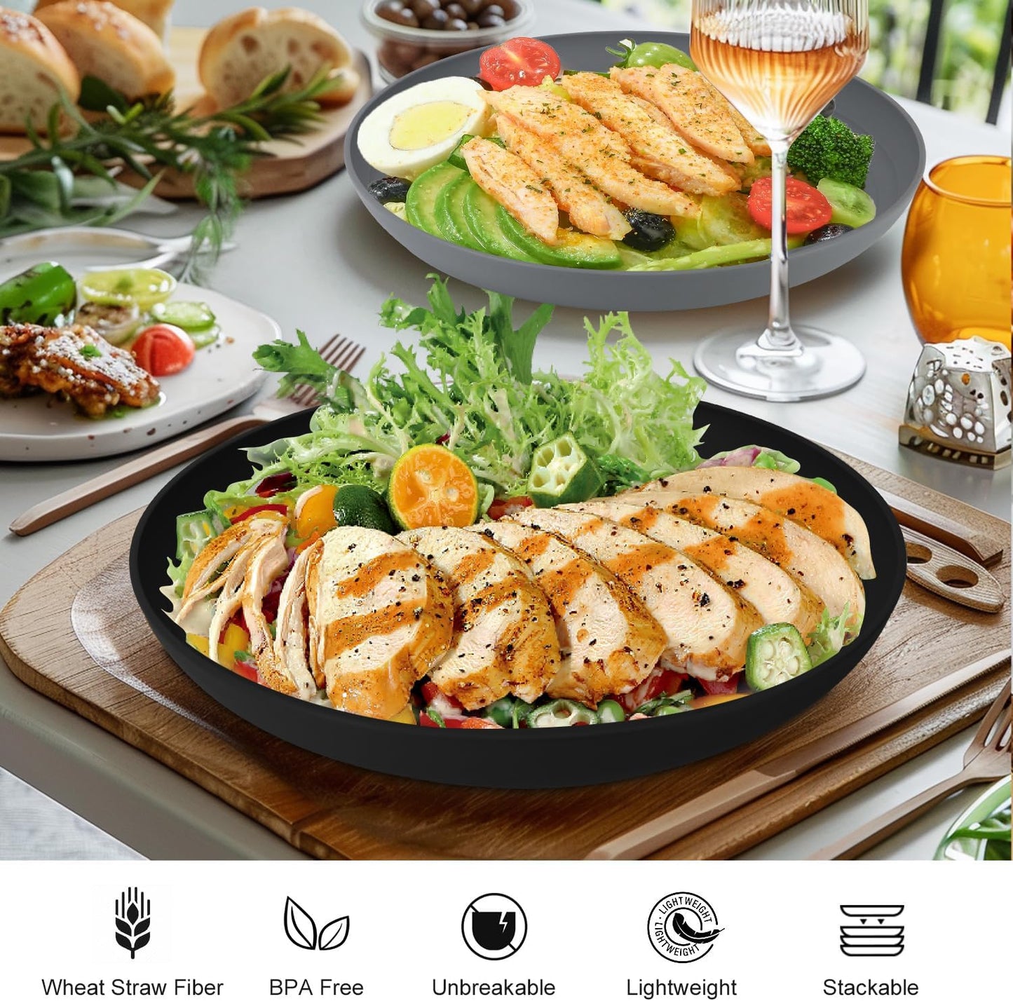 11 Inch Wheat Straw Plates - 8 Piece Set, Unbreakable Dinner Plates, Microwave Safe, Black & Grey