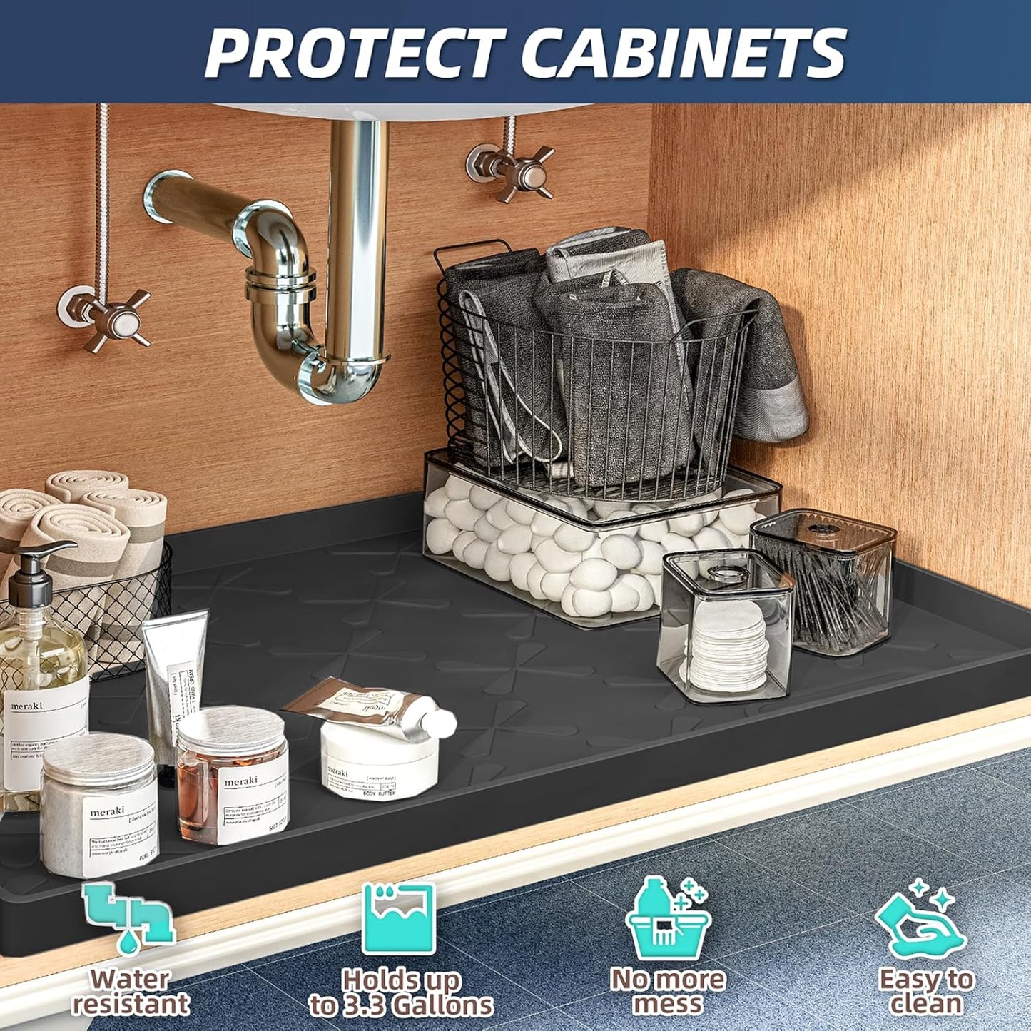 SIKADEER 25" x 19" Under Sink Mat Waterproof, Silicone Mat Kitchen Drawer Shelf and Cabinet Liner, Sink Protector for Kitchen Organizers and Storage, Boot Tray Pet Food Mats