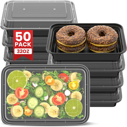32oz Meal Prep Containers [50-Pack], Reusable Bento Box with Easy-Snap Leakproof Lids - Microwave, Dishwasher & Freezer Safe Food Storage, BPA-Free Plastic Lunch Containers (Black)