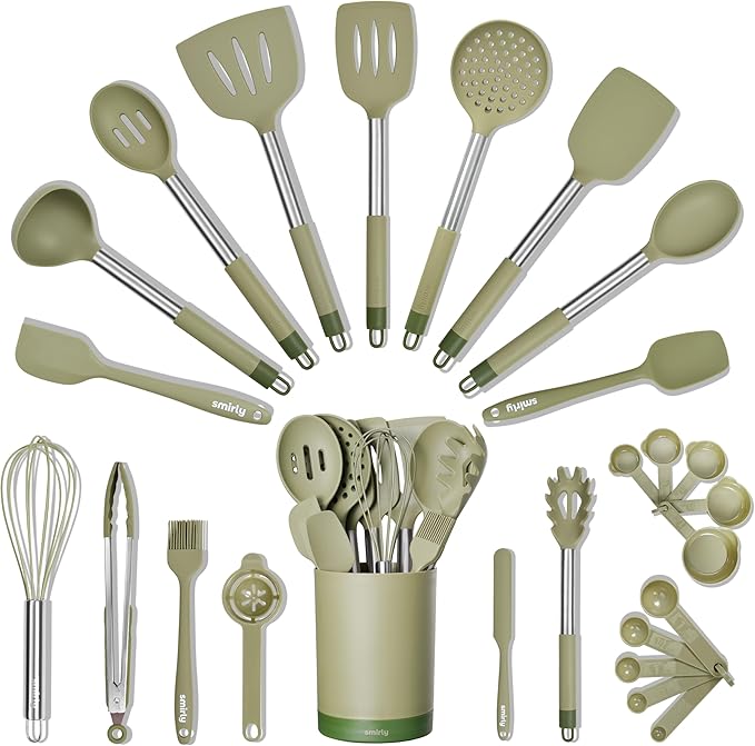 SMIRLY Kitchen Utensils Set, 26PCS Silicone Cooking Utensils Set, Spatula Set with Holder, Stainless Steel Kitchen Gadgets for Home and Kitchen