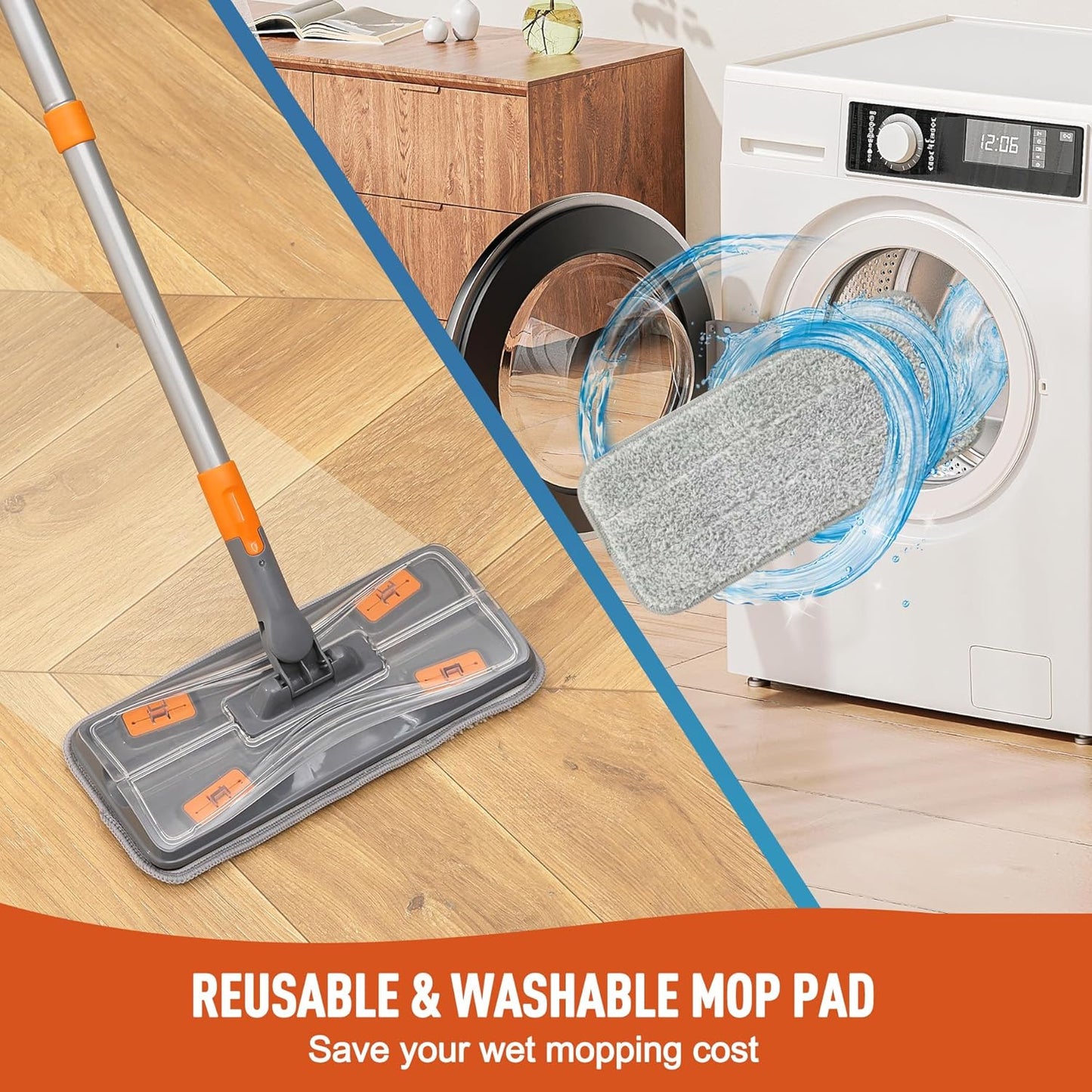 Lightweight Flat Mop with 10 Disposable & 1 Washable Pads, Scrubber for Wet/Dry Hardwood Floor Cleaning, Tile Grout Cleaner, Microfiber for Laminate, Pet Hair Dust