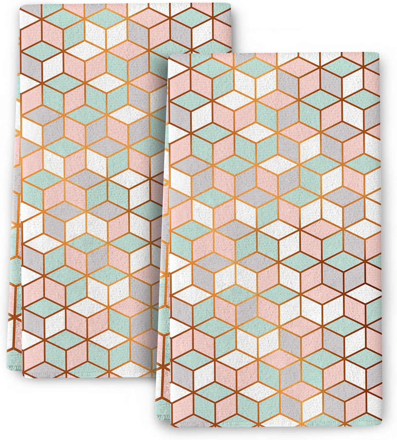 Pink Green Geometric Kitchen Towels Decorative Set of 2, Abstract Modern Dish Towels, Absorbent Hand Towels Tea Towels for Kitchen Decor,Farmhouse Holiday Home Dish Cloths