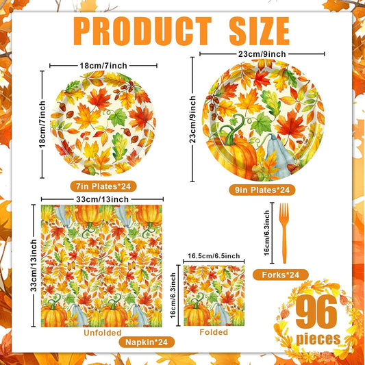96 Pieces Fall Pumpkin Party Tableware Set – Autumn-Themed Disposable Plates, Napkins, and Orange Forks for Thanksgiving, Harvest Festivals, and Fall Gatherings – Serves 24 Guests