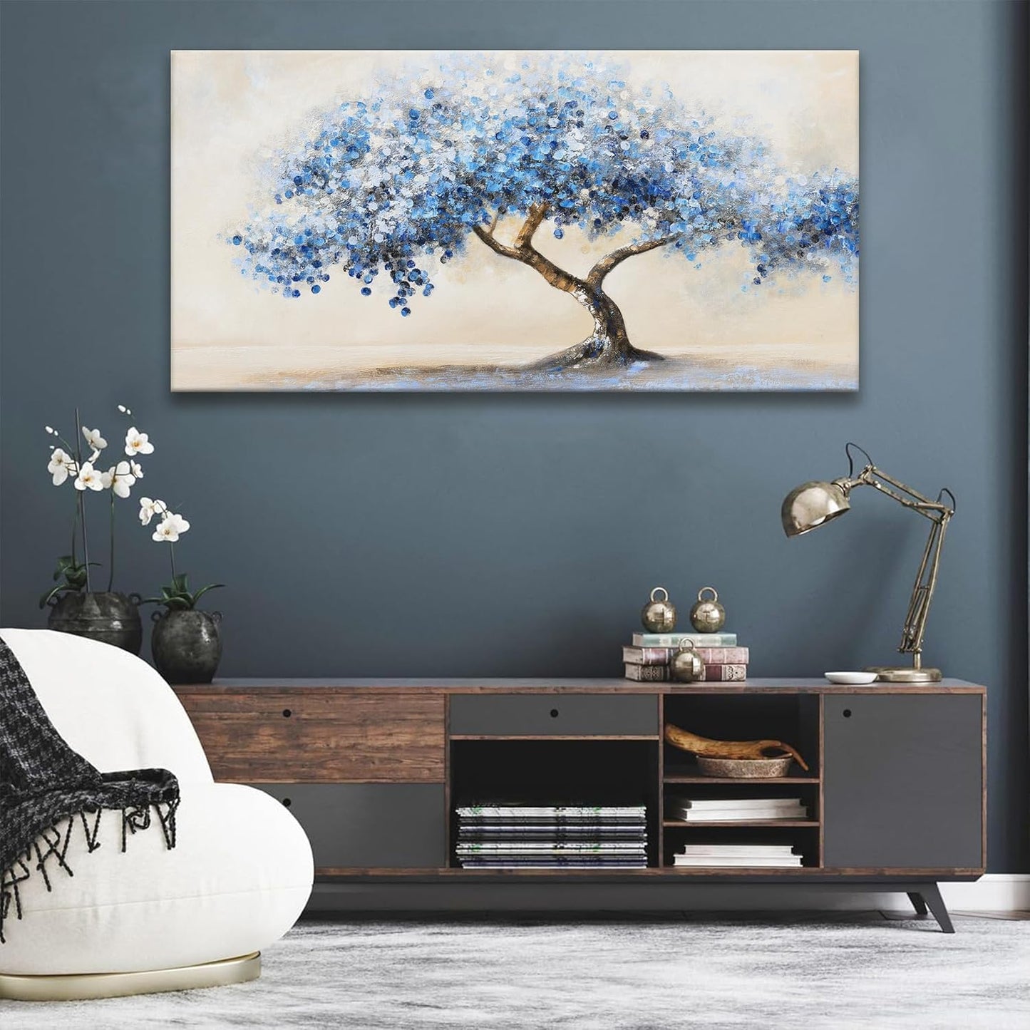 Suconvng Large Wall Art For Living Room Blue Abstract Art Tree Of Life Modern Artwork Canvas Art Wall Decor Painting Tree Pictures Ready To Hang For Bedroom Office Home Wall Decor 29"X 58"