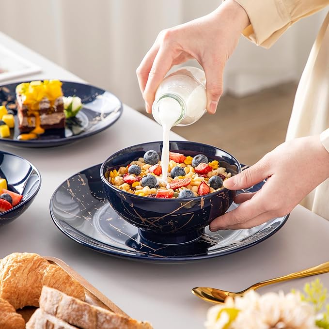 LOVECASA Plates and Bowls Sets for 6, 24 Pieces Porcelain Dinnerware Sets, Dark Blue and Gold Dish Set Gold Splash Dishware Sets, Dishwasher Microwave Safe