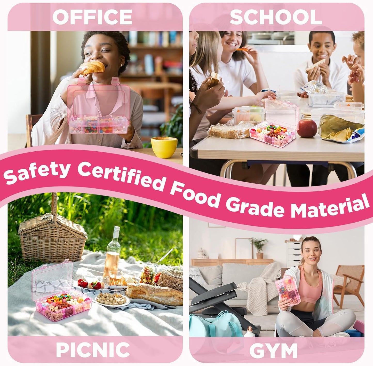 Thyle 1 Pcs Snack Box Container 8 Compartments Snack Containers Reusable Transparent Lunch Box Organizer Small Plastic Food Storage with Lids for Meal Prep School Work Travel (Pink)