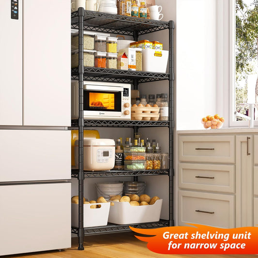 REIBII 1000LBS Wire Shelving Unit, 5 Tier Adjustable Metal Storage Shelves for Kitchen Pantry Office Steel Organizer Wire Rack for Narrow Space, 13.4" D x 23.2" W x 60" H, Black,4PCS