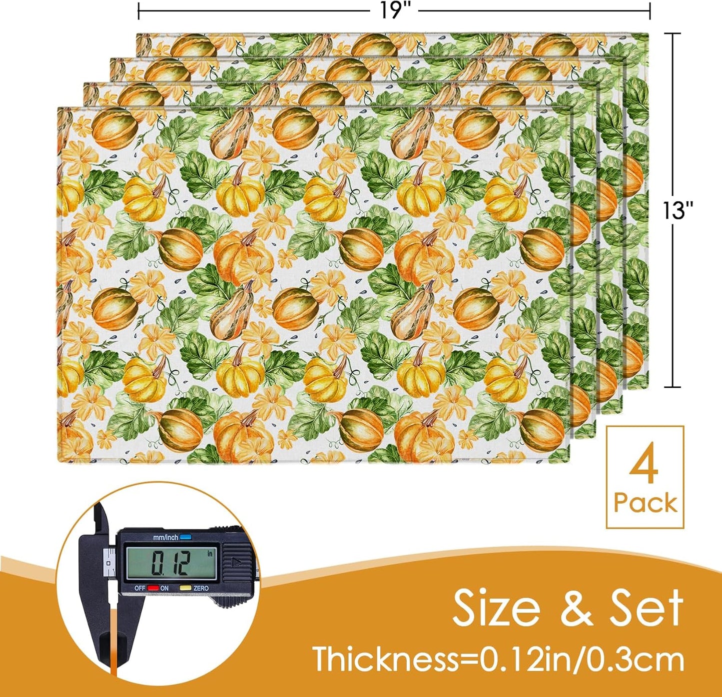 MANSPHIL Fall Pumpkin Placemats Set of 4 Thanksgiving Fabric Place Mats Autumn Harvest Table Decor - Farmhouse Table Mats for Dining Kitchen Washable Wrinkle Free 13x19 Inch Oeko Tex Placemat