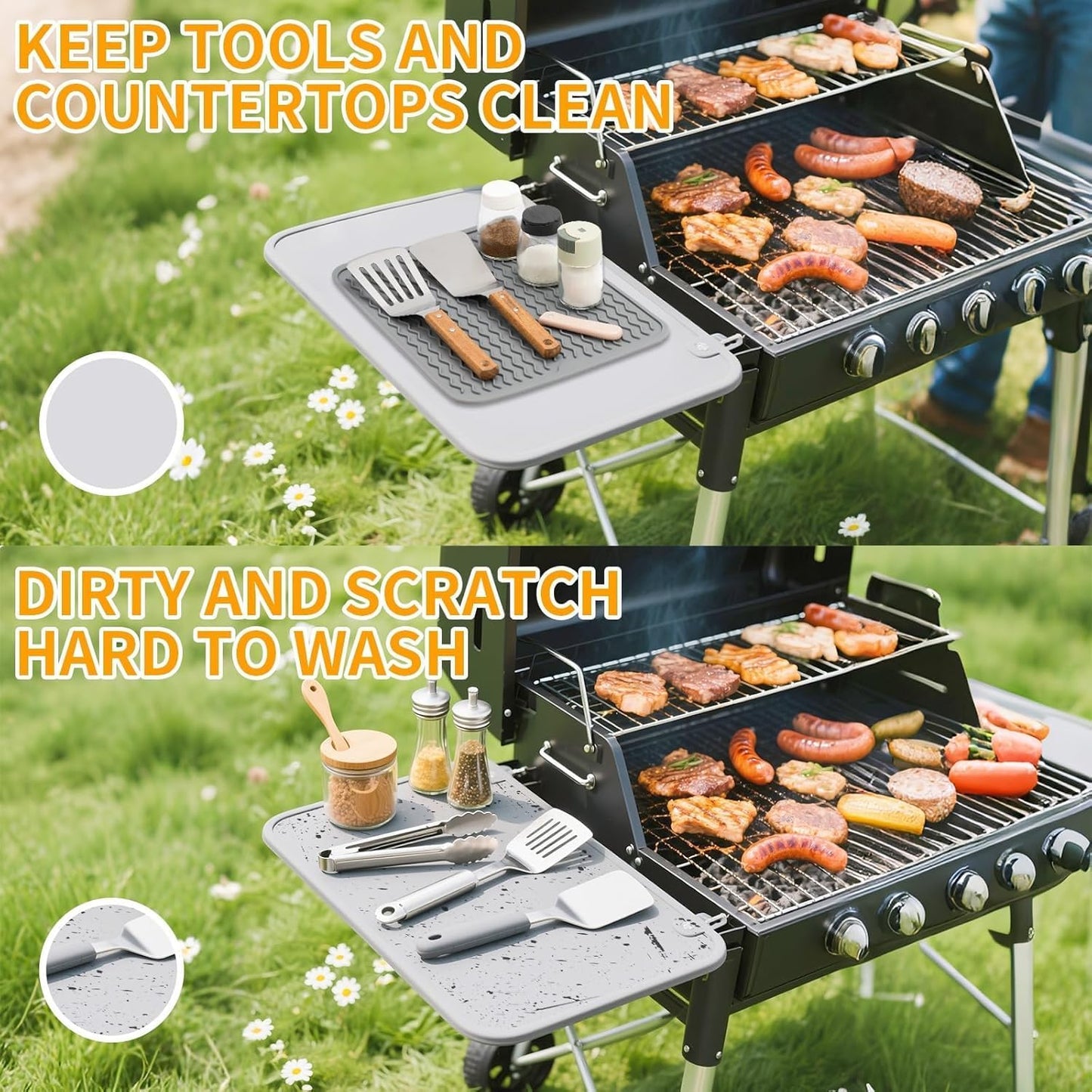 Blackstone Griddle Accessories Silicone Grill Side Shelf Tool Mat, Outdoor BBQ Spatula Mat, with Drip Pad Kitchen Countertop Heat Resistant Mat (Grey)