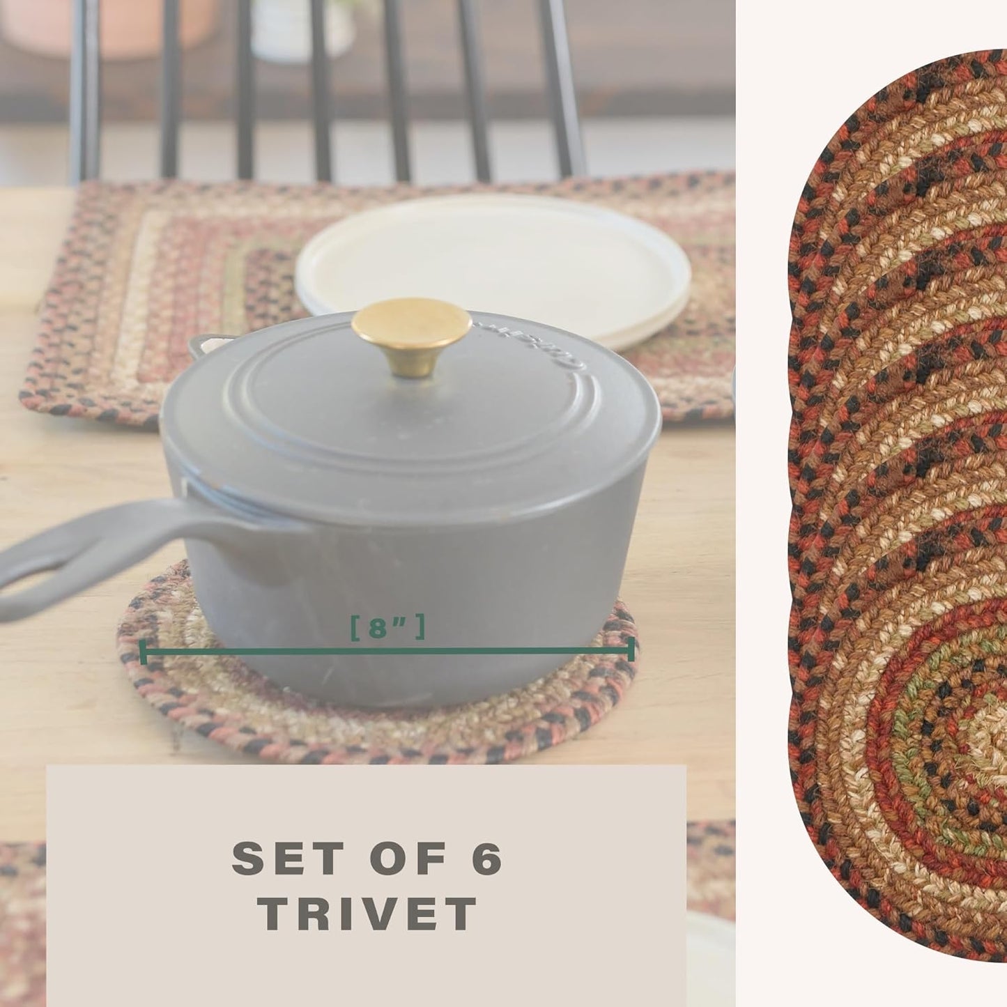 Gingerbread Jute Braided Kitchen Trivets for Hot Dishes, Warm Country Decor, Set of 6, Brown 8" Round Heat Resistant Mats - Rich Colors, Easy to Clean, Durable and Protects Furniture