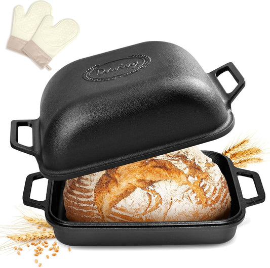 Davivy 9QT Pre-Seasoned Dutch Oven for Sourdough Bread, Non-stick Cast Iron Sourdough Bread Loaf Baking Pan, Large Capacity Cast Iron Loaf Pan, with Silicone Oven Mitts