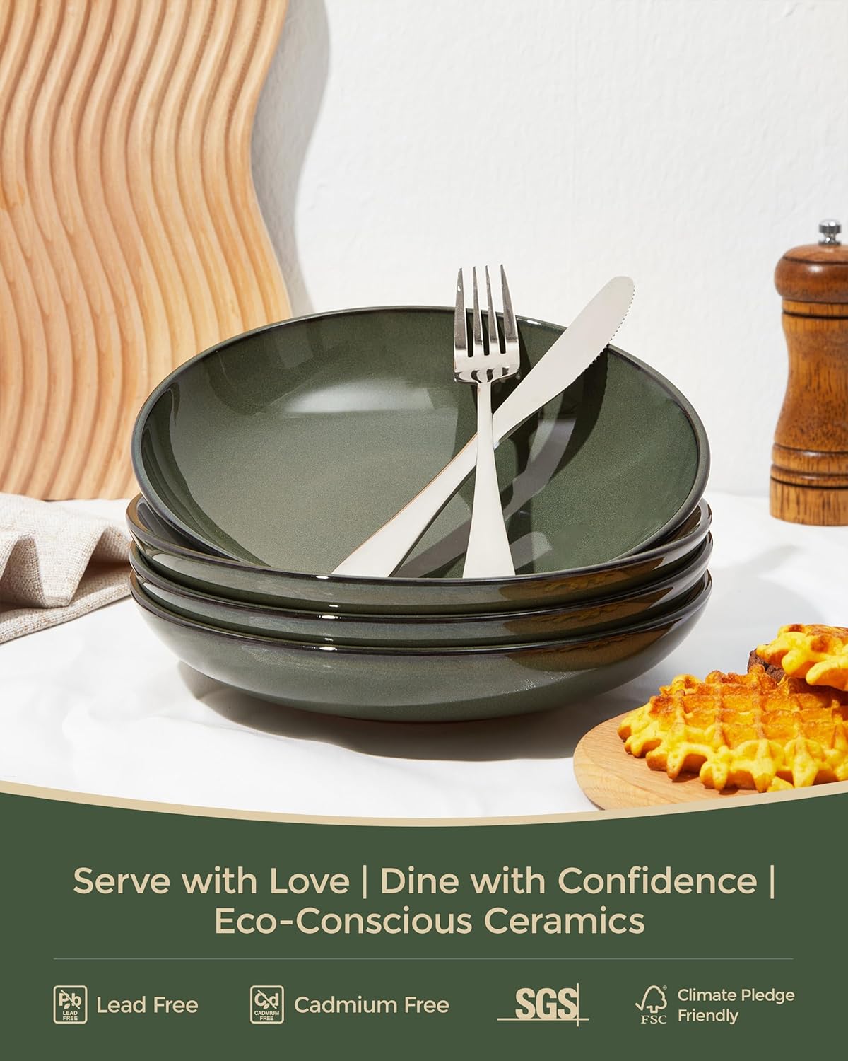 Pasta Bowls Set of 4, Reactive Glaze Salad Bowl 30 oz, Microwave & Dishwasher Safe, Large Wide Serving Bowls for Fruit/Soup/Noodle/Dessert, Blackish Green