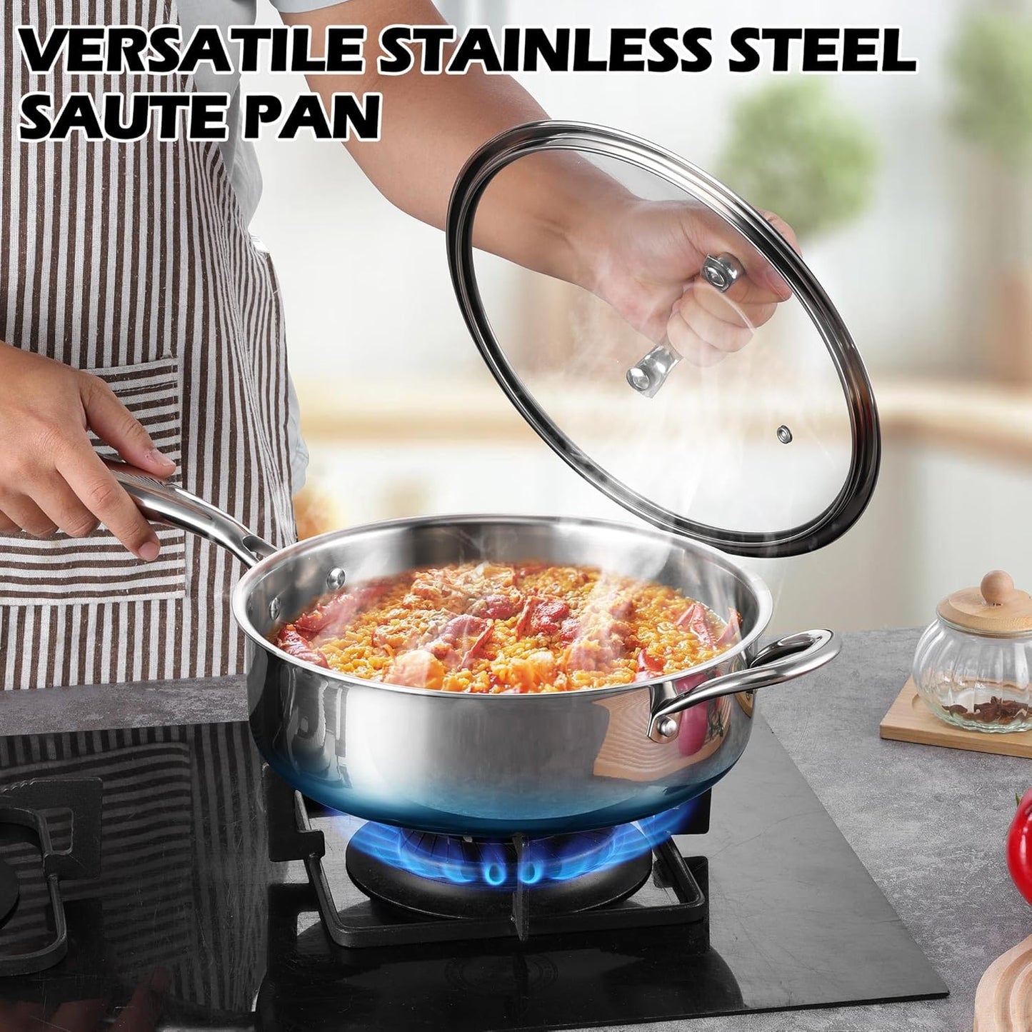 E-far 10 Inch Tri-Ply Stainless Steel Saute Pan, 4.5 Quart Deep Frying Pan with Lid, Kitchen Skillet, Healthy Non-toxic Cooking Pan for Induction Ceramic Gas Stoves, Heavy Duty, Oven & Dishwasher Safe