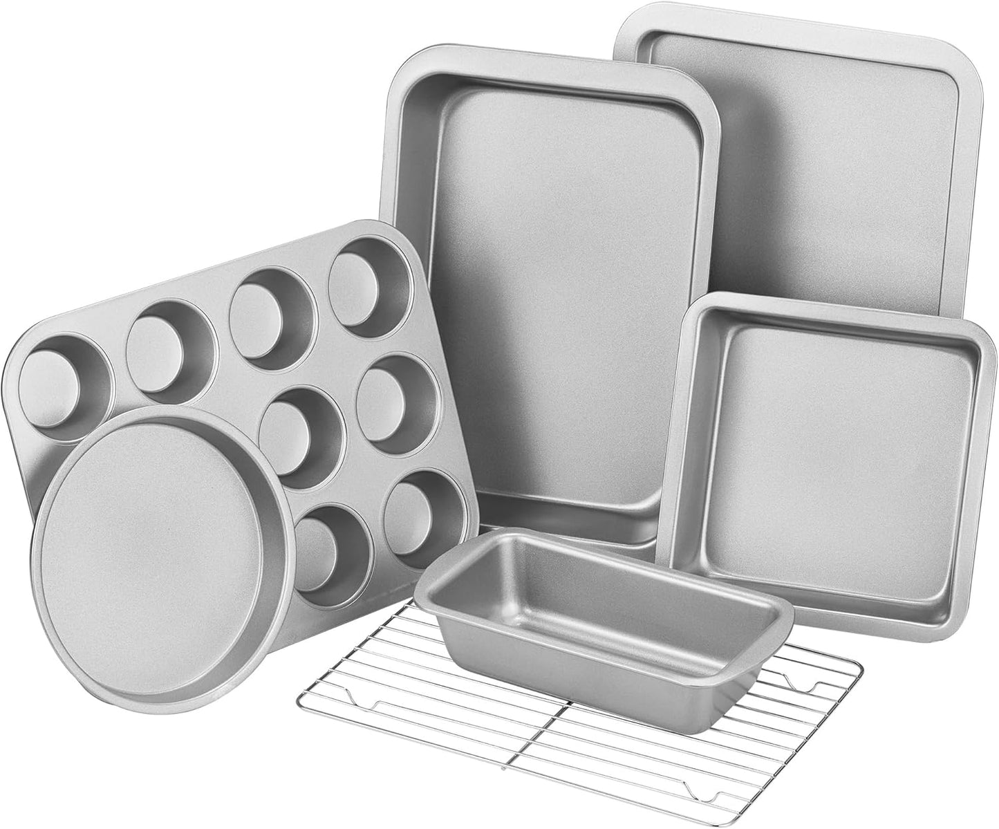 KITESSENSU Baking Pans Sets, Nonstick Bakeware Set 7-Piece with Round/Square Cake Pan, Loaf Pan, Muffin Pan, Cookie Sheet, Roast Pan, Cooling Rack, Carbon Steel Bake Set,Silver