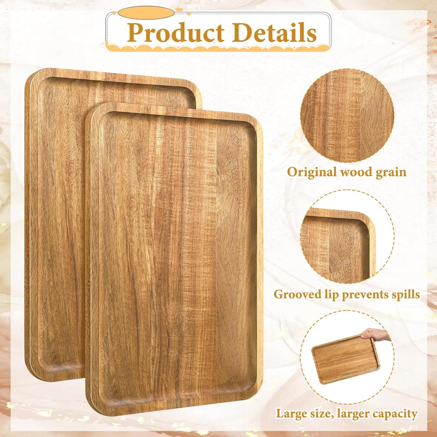 2 PCS 11.8 × 7.8 Solid Acacia Wood Serving Trays Rectangular Wooden Serving Platters Wood Tray Large Wooden Boards Kitchen Display Tray for Food, Charcuterie, Coffee Table Decor