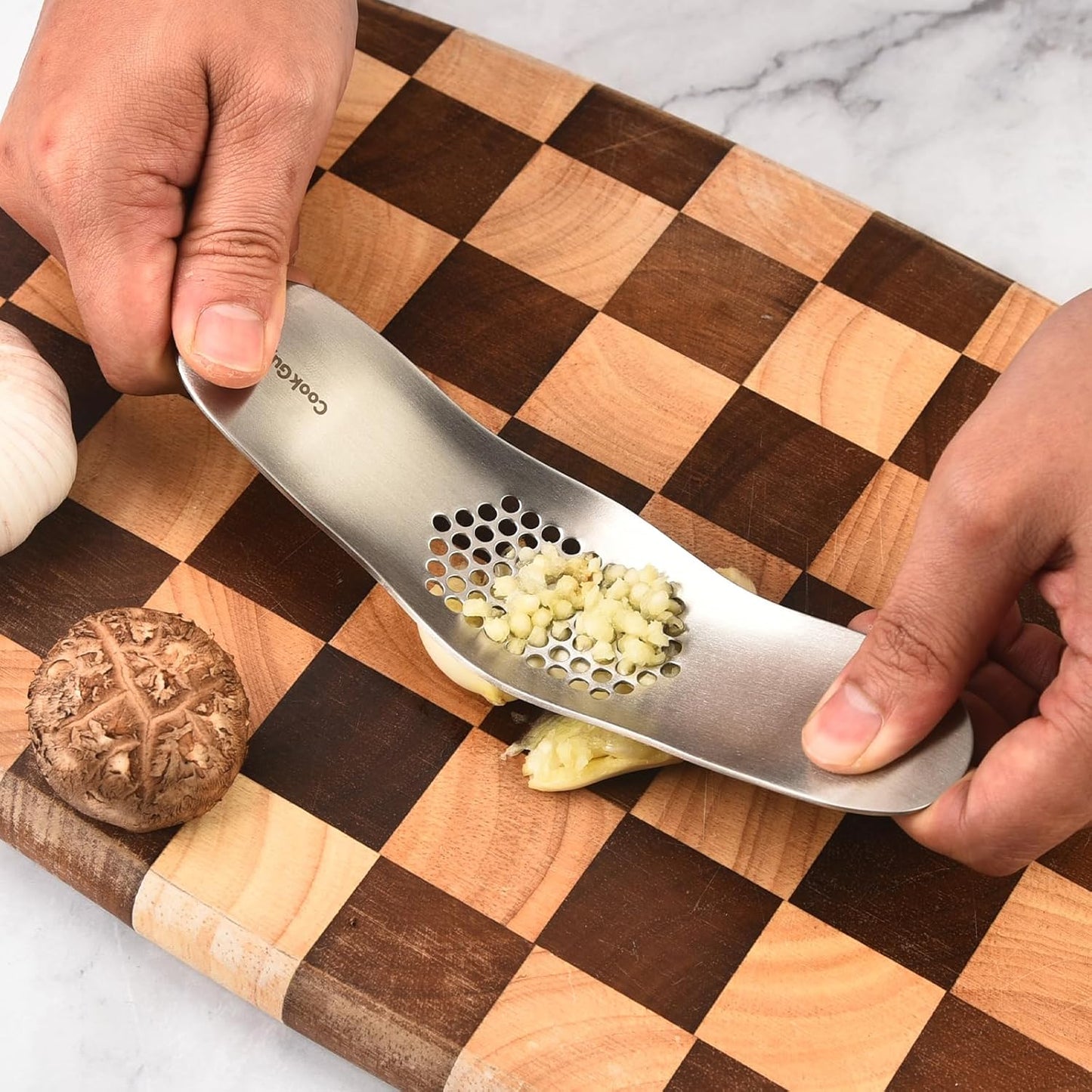 Cook Guy 304 Stainless Steel Garlic Press Rocker Set - Premium All-Steel Garlic Mincer, Crusher, Peeler, and Scraper Tool for Effortless Mincing –Dual-Handle Garlic Grinder(B0201)