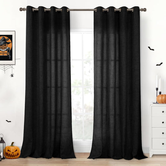YoungsTex Black Linen Curtains 90 Inch Length for Living Room, Light Filtering Semi Sheer Window Drapes with Bronze Grommet Privacy Decorative for Bedroom Farmhouse, 52 x 90 Inch, 2 Panels