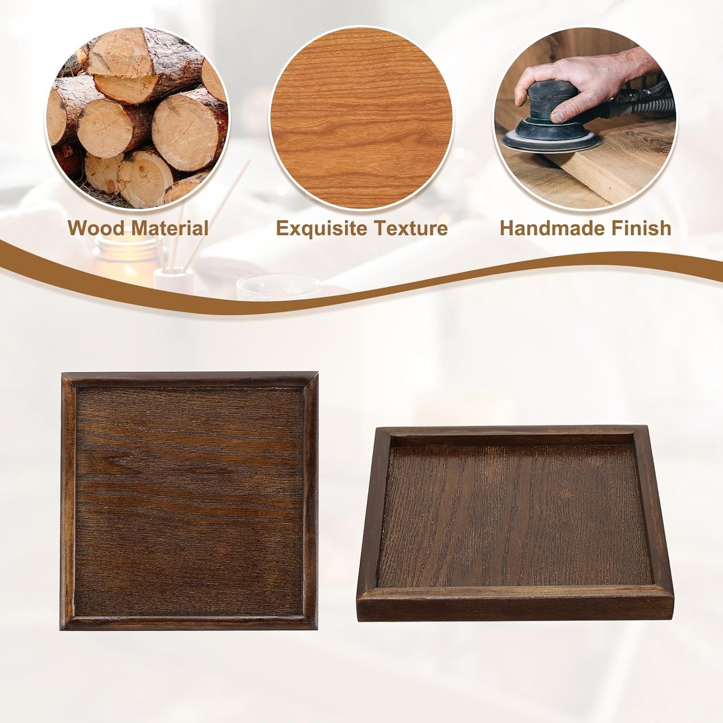 Wooden Serving Tray Square Wood Serving Tray Decorative Platter, 7.1x7.1 Inch Fit for Home Decor Kitchen Coffee Table Candle Holder, (Brown)