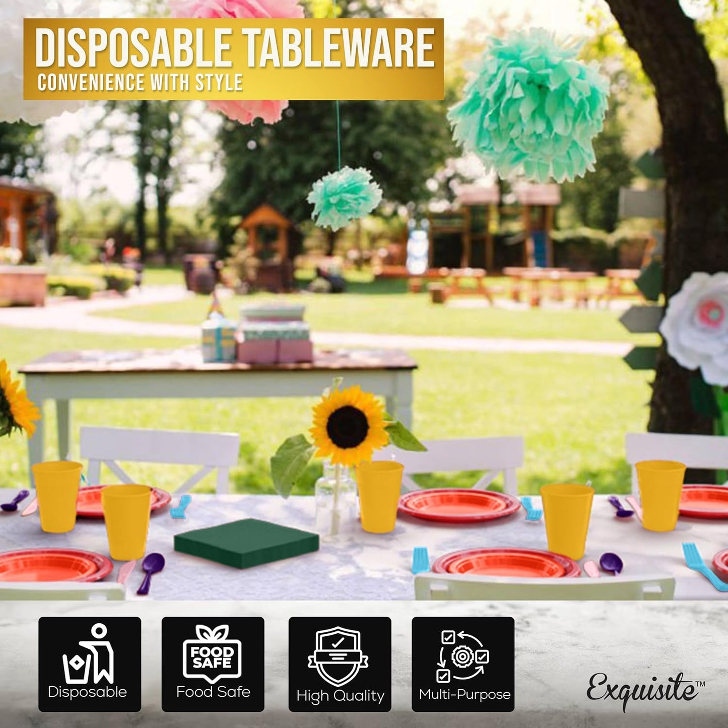 Party Solids 350 Pieces Rainbow Plastic Plates For Party, Rainbow Disposable Plates Set, 50 Of Each 9" Dinner Plate Set, 7" Dessert Plate, Cups, Napkins & Cutlery Plastic Dinnerware