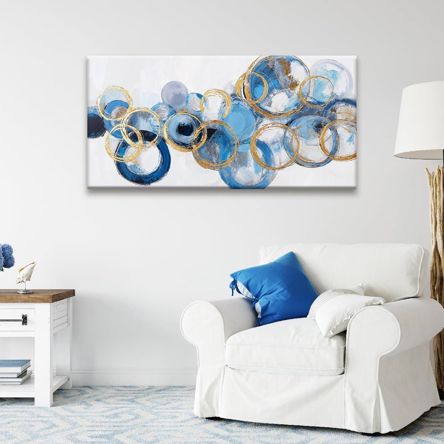 Suconvng Abstract Wall Art Maximalist Canvas Wall Art Decor Prints Blue Gold Circle Modern Abstract Wall Decor Artwork For Living Room Bedroom Kitchen Office Artwork Ready To Hang 24" × 48"