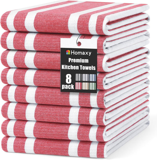 Homaxy Premium Kitchen Towels 18”x 28”, Large Cotton 380 GSM Kitchen Hand Towels, Stripe and Terry Dish Towel, Highly Absorbent Tea Towel Set with Hanging Loop, 8 Pack, Red