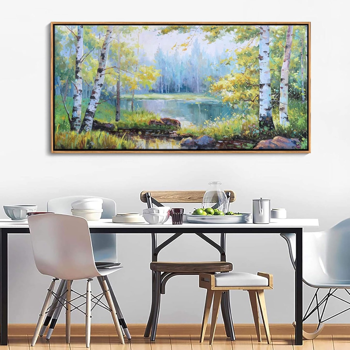 YCPRIMER Large Forest Wall Art Green Trees Picture for Living Room Landscape Birch Tree Painting Home Bedroom Decoration Green and White Framed Artwork Decor 29×58IN