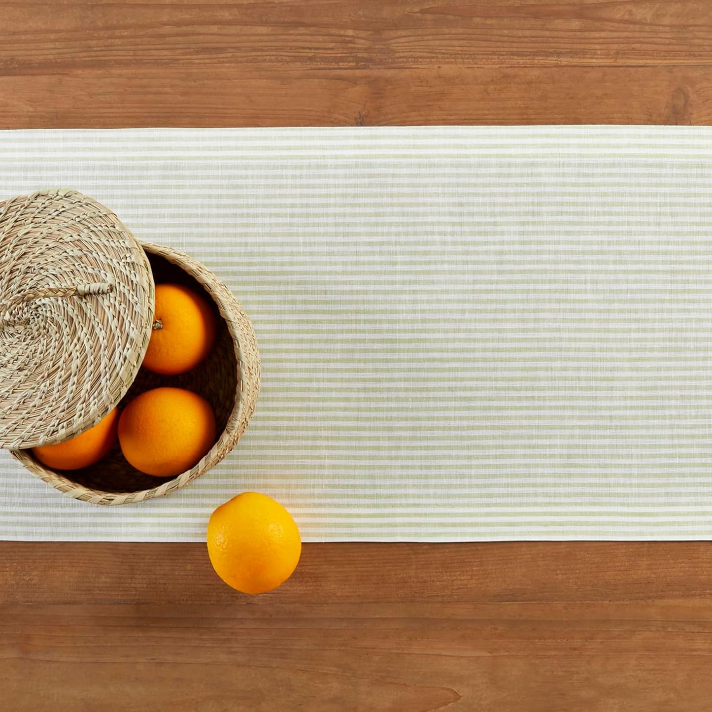 Solino Home Linen Table Runner 60 Inches - Narrow Stripe 100% Pure Linen Sage and White Farmhouse Table Runner 14 x 60 Inch Ideal for Dresser and Coffee Tables - Fall, Thanksgiving, Christmas