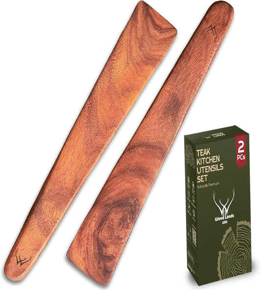 Wooden Spatulas for Cooking - 12 Inch Handmade Set of 2 Spatulas, Wood Turner, Teak Spatula, Turner for Pancake, Flat Egg - Spurtles Kitchen Tools Wooden & Flat wooden spoon (2PC Spatula)