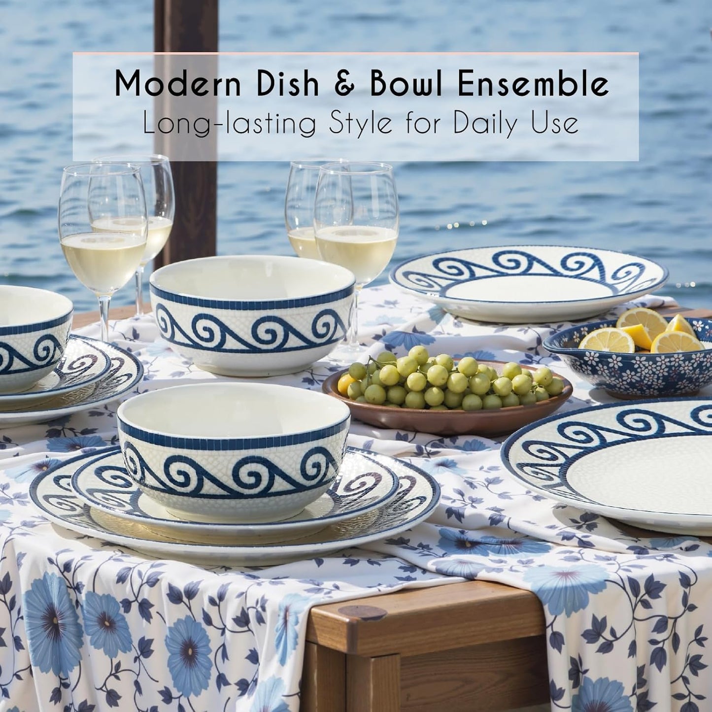 24 Piece Dinnerware Set – Coastal Dishes Dinnerware Sets for 8, Vintage Plates and Bowls Sets, Ceramic Dinnerware Sets for 8, Stoneware Kitchen Plates and Bowls Set
