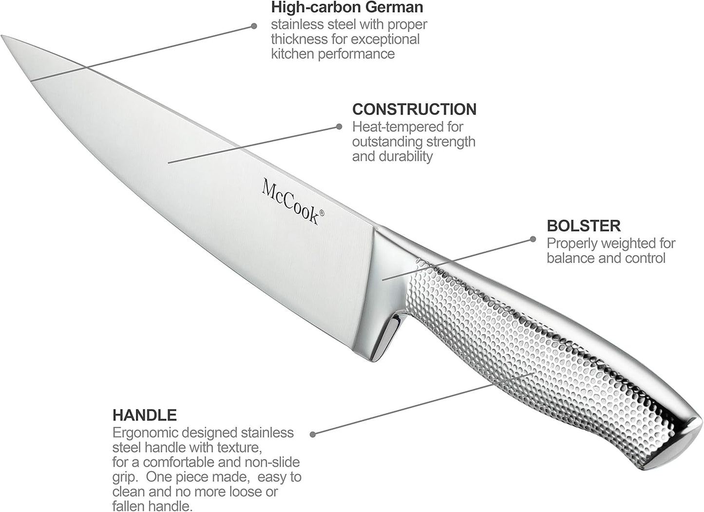 McCook® Premium Knife Sets,Full Tang Hammered German Stainless Steel Kitchen Knife Set with 8 Pieces Steak Knives and Acacia Block