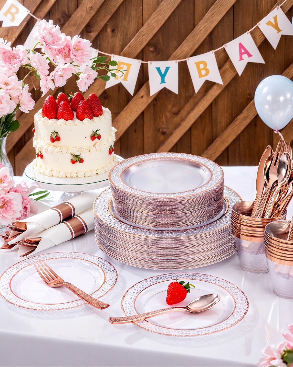 Ciaell 350PCS Rose Gold Plastic Plates - Clear Rose Gold Disposable Plates with Plastic Silverware include 100Plates, 150Silverware, 50Cups, 50Napkins for Wedding & Party & Baby Shower