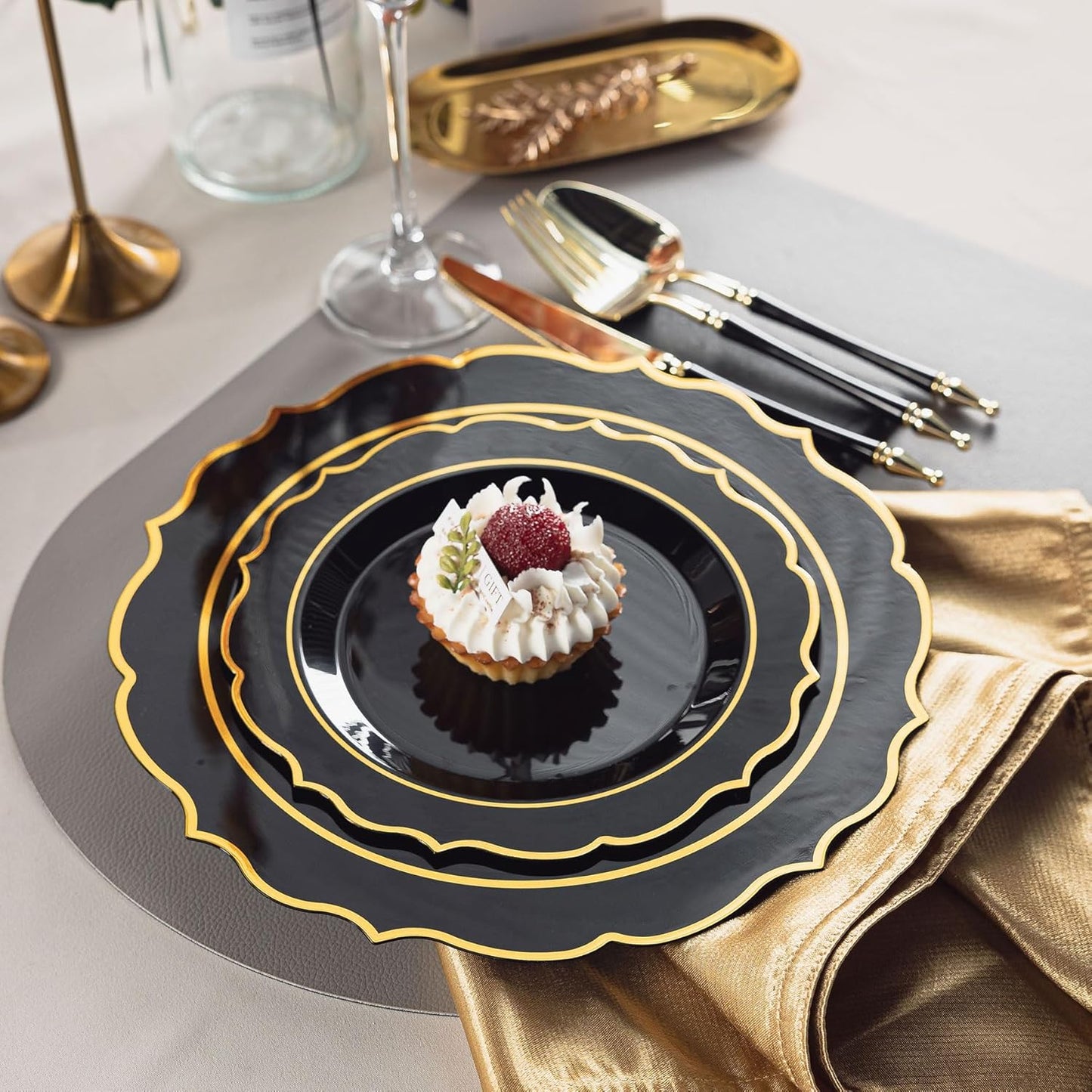 120PCS Black Plastic Plates, Disposable Elegant Party Plate with Gold Rim, Heavy Duty 60 Dinner and 60 Dessert Fancy Plates for Party and Wedding