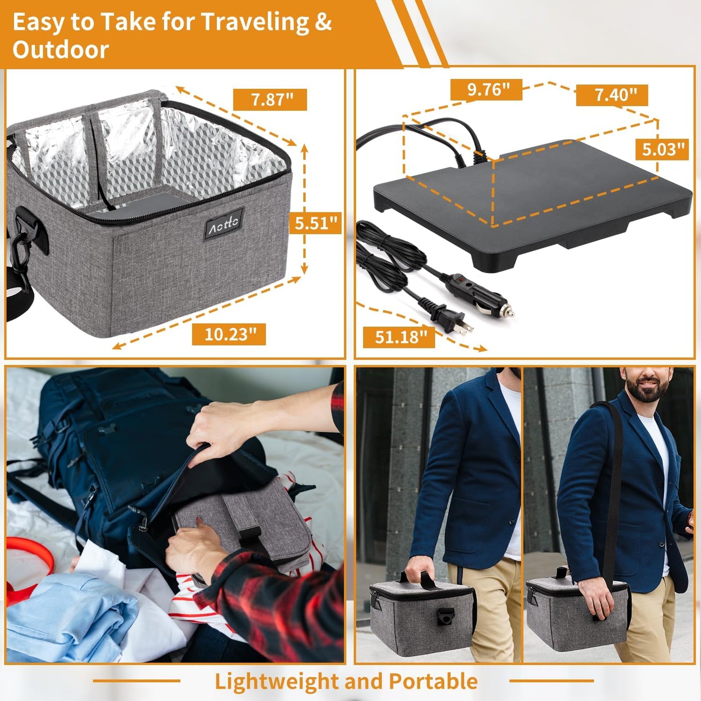 Aotto Portable Oven, Electric Lunch Box Food Heater - 12V/24V/110V 3-in-1 Car Food Warmer - Heated Lunch Box for Adults - Cook, Reheat & Keep Meals Warm for Car, Truck, Travel, Work, Home - Grey