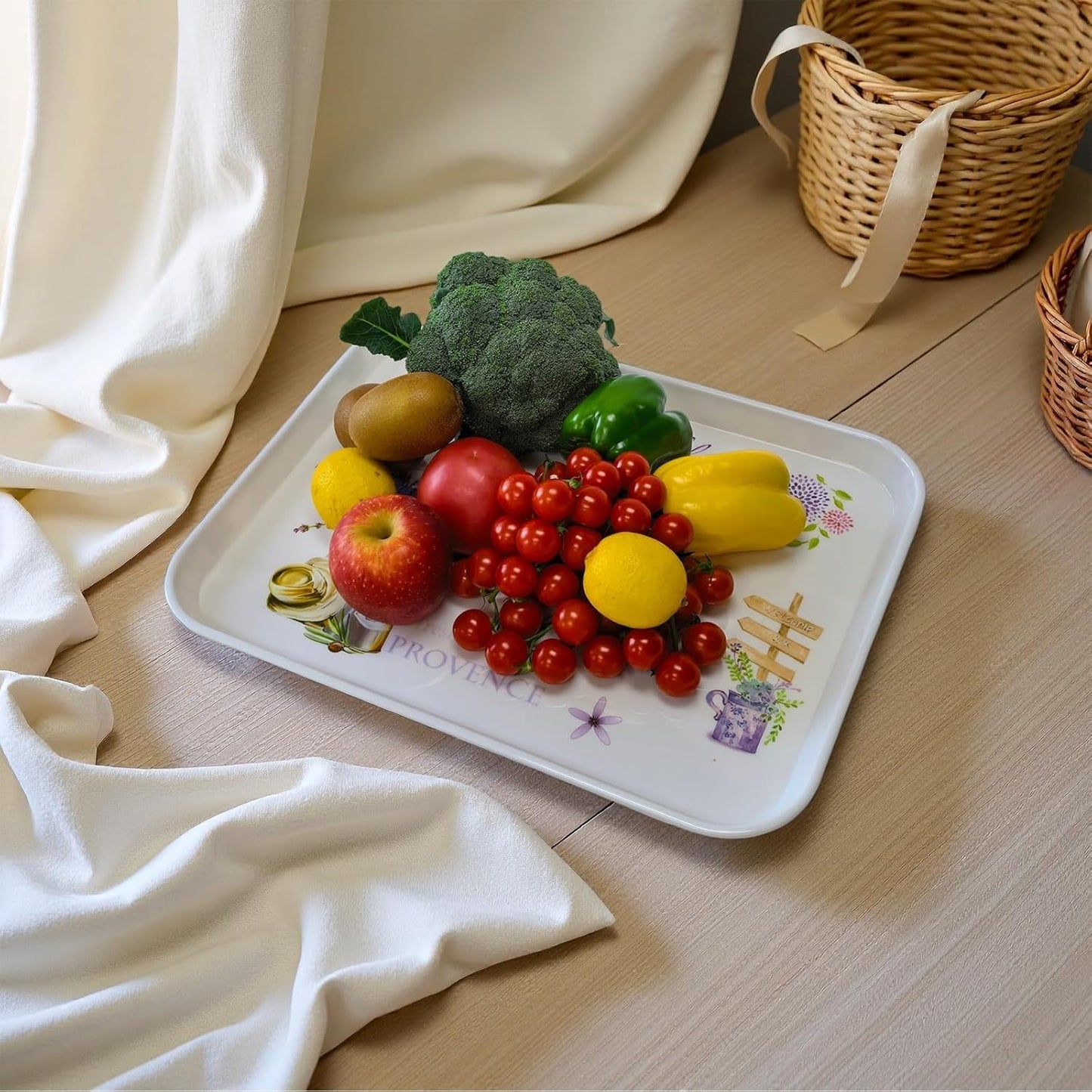 Large Serving Platter Melamine Trays 2 Pack Stackable Food Tray with Floral Print for Gift, Party, Decor, Home, Restaurant (Purple Lavender, Large)