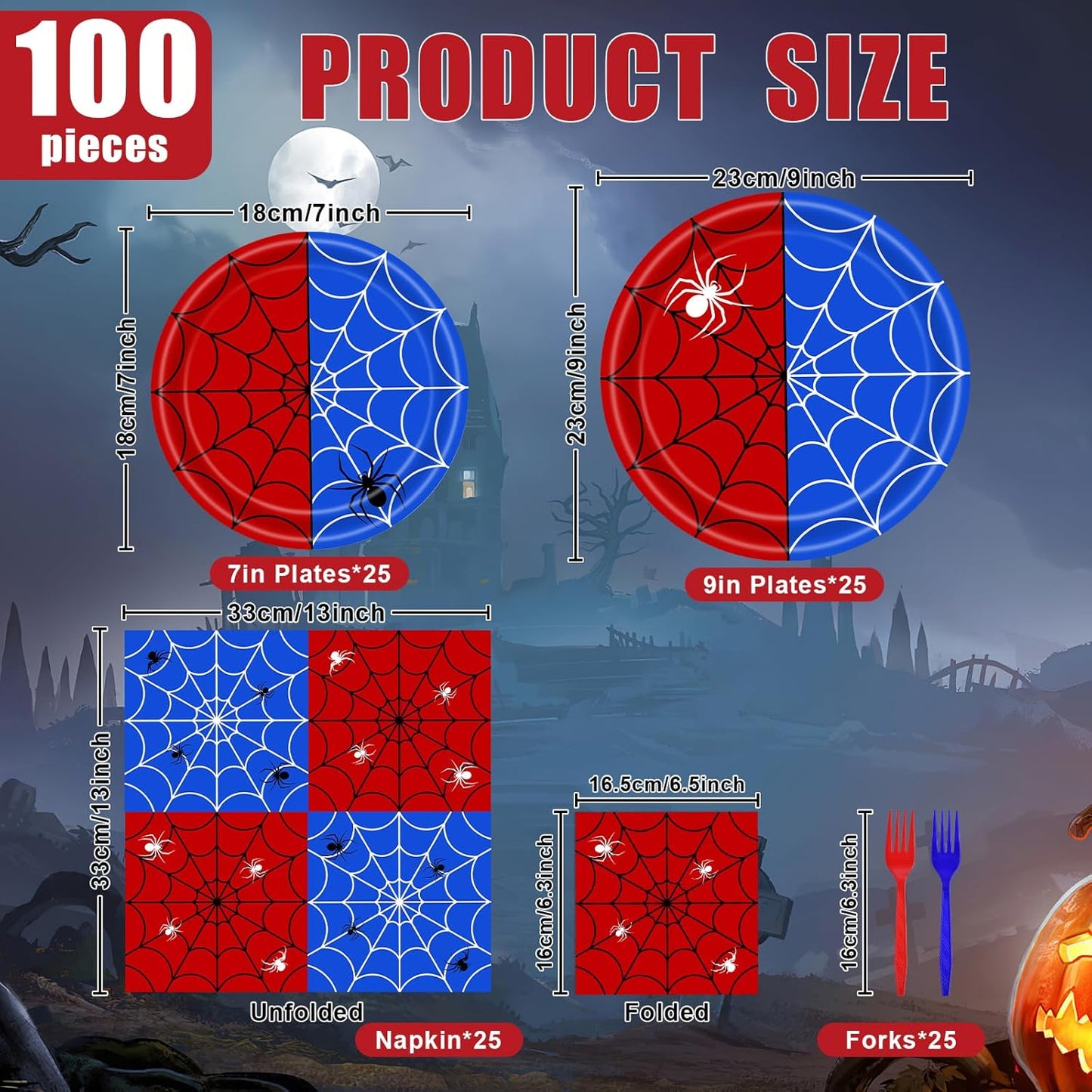 100 Pcs Spider Web Tableware Party Supplies – Disposable Red and Blue Web Paper Plates, Napkins, and Forks for Superhero Birthdays, Kids Parties, and Comic Theme Celebrations – Serves 25