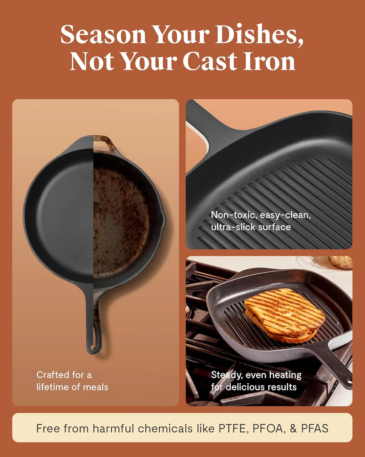 Caraway Enameled Cast Iron Grill Pan - 10.5” Grill Pan for Stovetop Cooking - 3 Layer Enamel Coating - No Seasoning Required - Compatible With All Stovetops - Free From Forever Chemicals - Cream