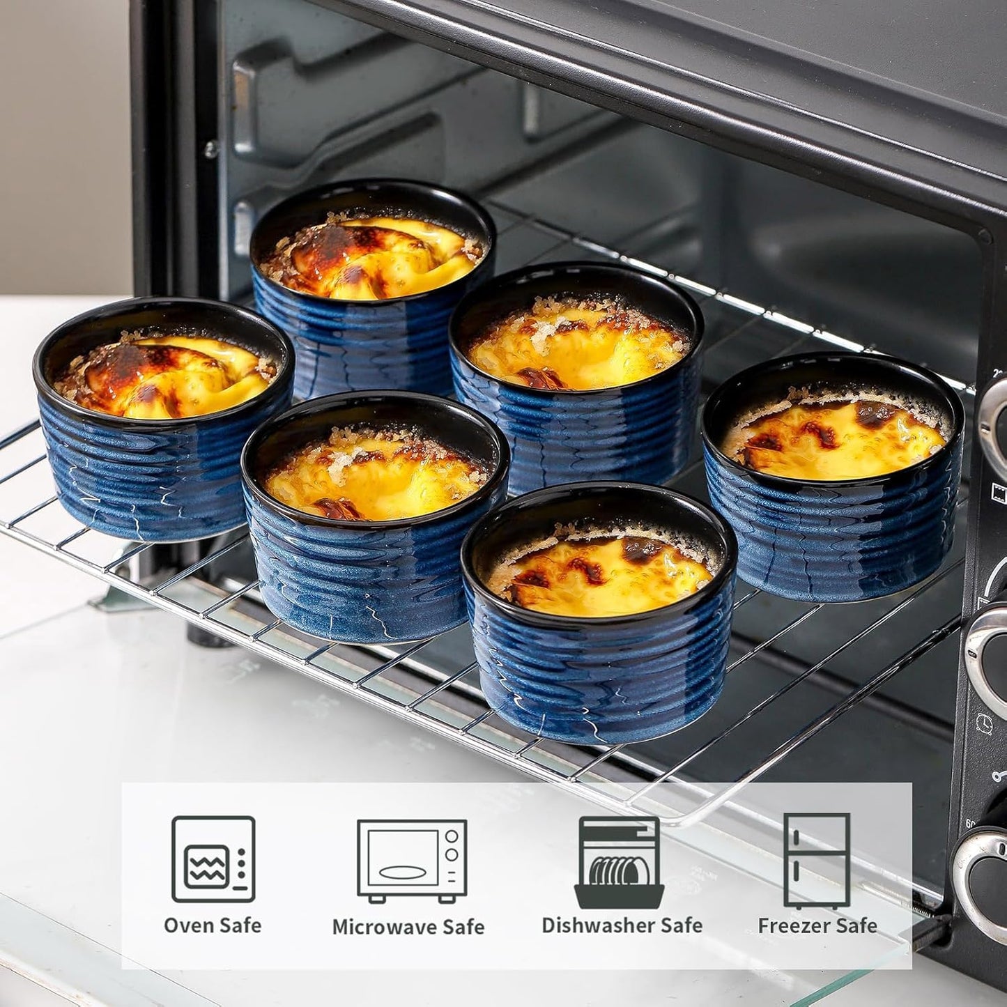 Ceramic 4 oz Ramekins,Small Souffle Dishes Set of 6, Mini Baking Bowls for Kitchen, Porcelain Dipping Sauce Cups for Creme Brulee, Pudding, Ice Cream, Lava Cakes, Microwave & Oven Safe, Blue