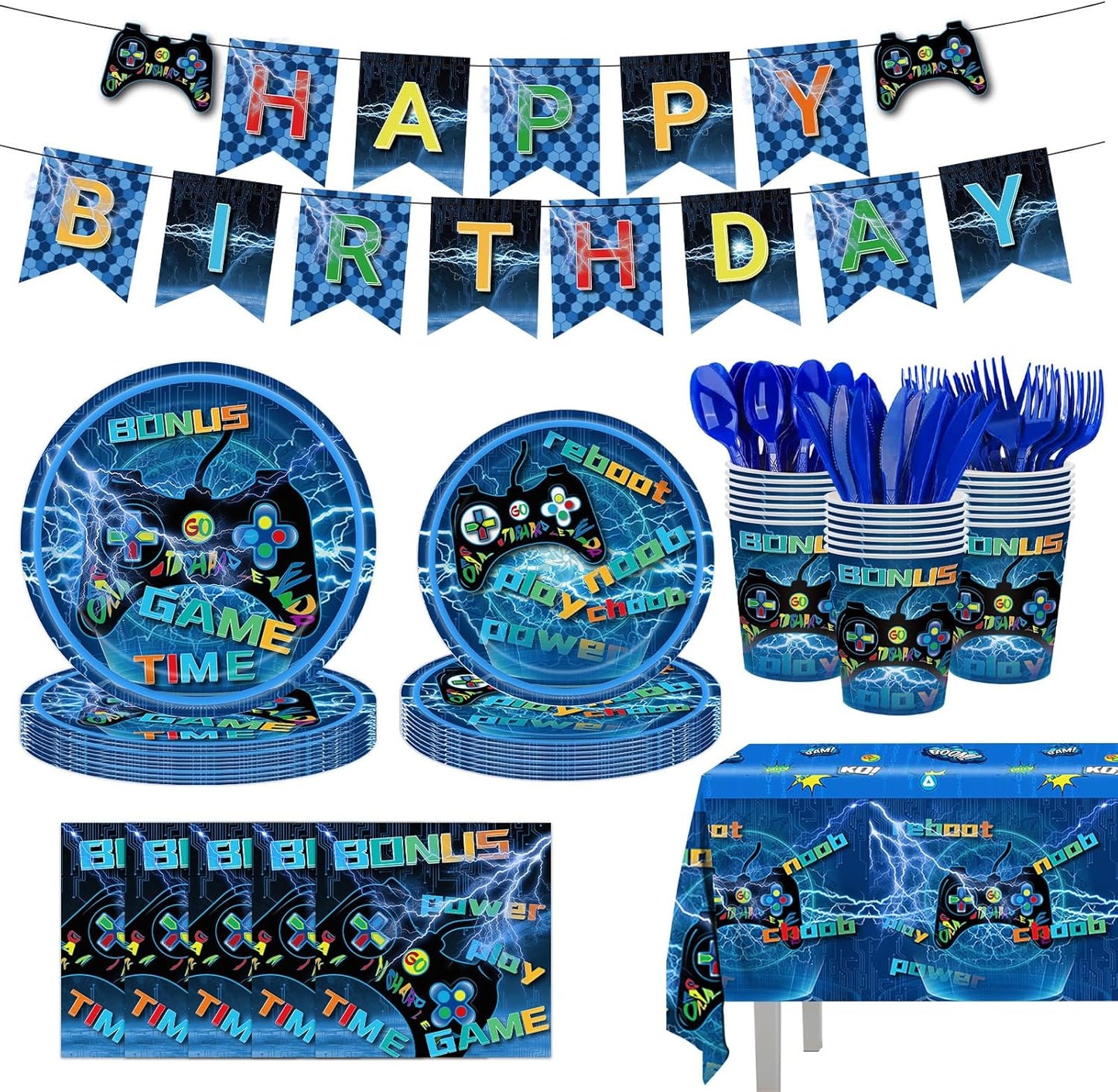 142 Pcs Video Game Birthday Decorations Gaming Birthday Party Supplies Disposable Paper Plates Napkins Cups Serve 20