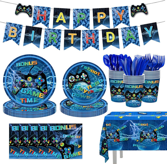 142 Pcs Video Game Birthday Decorations Gaming Birthday Party Supplies Disposable Paper Plates Napkins Cups Serve 20
