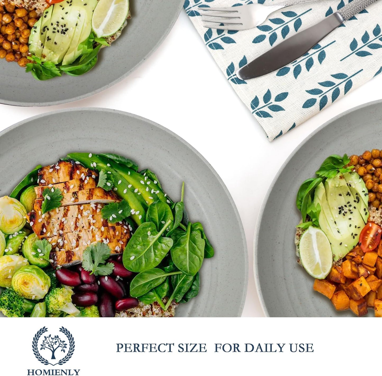 Homienly Deep Dinnerware Set of 12 - Alternative to Plastic, Microwave & Dishwasher Safe Wheat Straw Plates for Kitchen - Unbreakable Kids Plates (Grey, 10 inch)