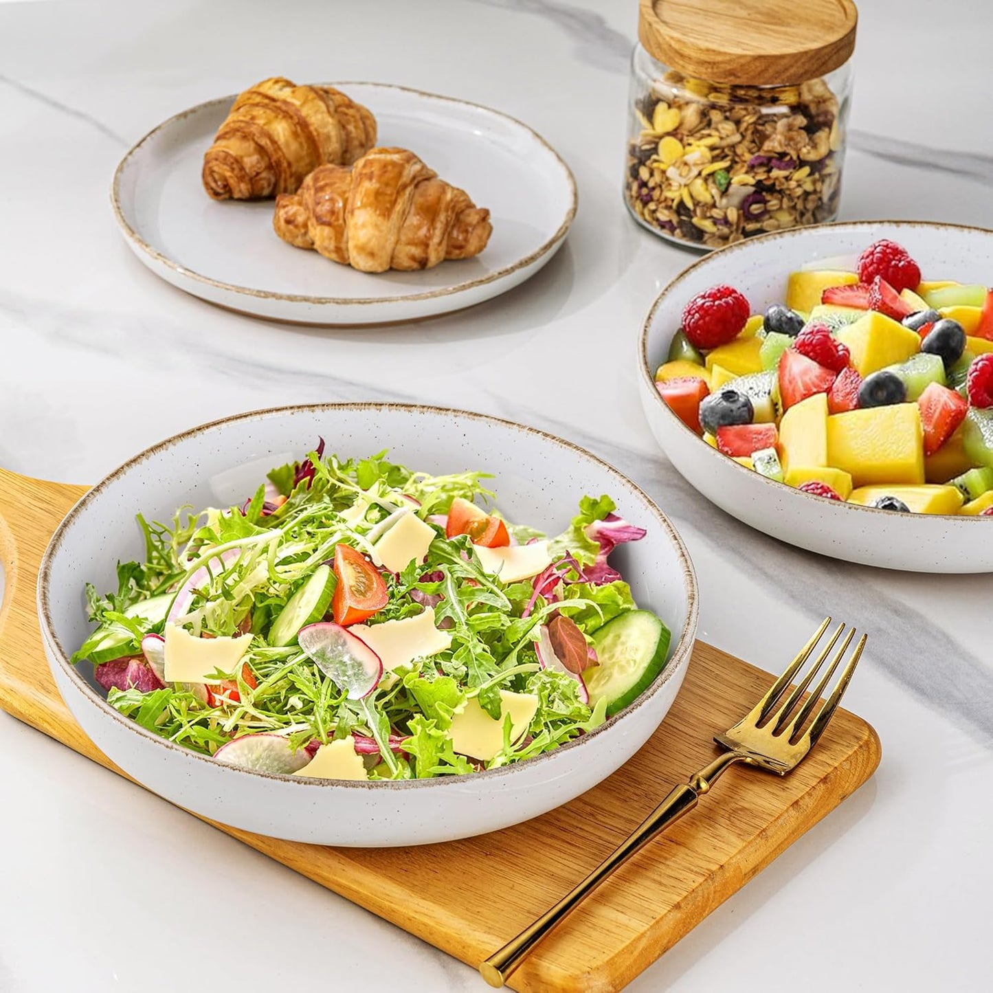 AmorArc 8.75'' Large Ceramic Pasta Bowls, 36oz Handpainted Stoneware Bowls Set of 4, Microwave&Dishwasher Safe Bowls with Wavy Rim&Rustic Terracotta Underside for Pasta Salad, White-Handbrush Rim